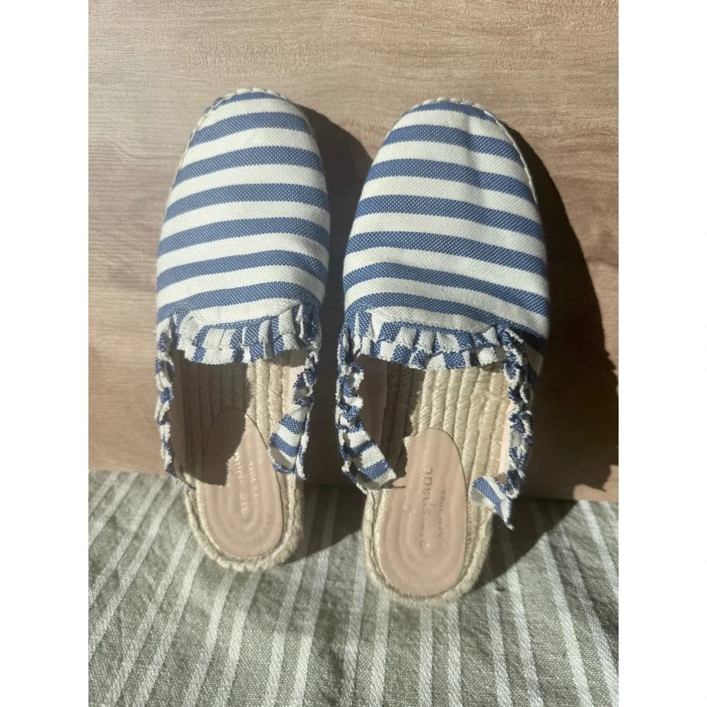 Kate Spade Blue White Striped Ruffle Espadrille Slides Women's Size 8